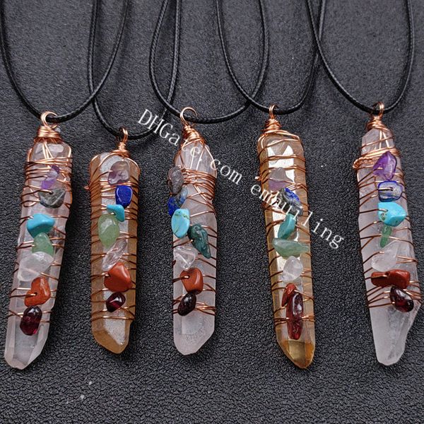 7 Perles de chakra Wrap Wrap Naturel Clear Quartz Pendentif Multicolore Guérison Reiki Pierre chargée en pierre chargée de titane enduit de titane enduit jaune collier de cristal à la main