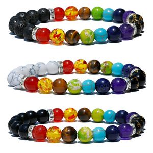 Pulseras clásicas de cuentas de piedra de 7 Chakras para hombre, pulsera de hilo de 8mm de piedra volcánica hecha a mano para parejas, regalo de joyería