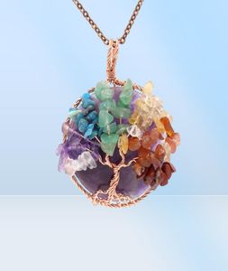 Collier avec pendentif en pierre précieuse ronde naturelle, cristal de guérison des 7 chakras, arbre de vie, fil de cuivre enveloppé, bijoux Reiki pour femmes 4994368