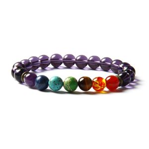 Bracelet de méditation de Yoga en pierre de guérison des 7 chakras, perles de verre violettes de 8mm avec sédiments naturels, pierre d'oeil de tigre et cristal Str250V