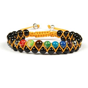 Pulseras de Yoga curativas de 7 Chakras, cuentas de piedra de ónix negro de sedimento Natural de 6mm, joyería de macramé de doble fila entera 10pcs289b