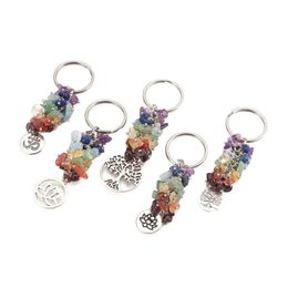 7 Chakra Natural Crystal Chips Cluster Healing Keychain Yoga Bag Pendant Key Ring Women Tree of Life