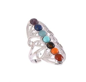 7 Chakra Stones Bead Finger Rings Reiki Balance Meditatie Healing Point Charm Verstelbare Yoga Hollow Flower Dames Ring