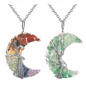 7 chakras cristal gravier arbre de vie collier fait à la main fil wrap croissant de lune pendentif reiki quartz pendentif chaîne collier en résine