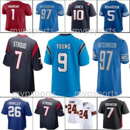 Aidan Hutchinson CJ Stroud Trevor Lawrence St Brown Barry Sanders Jared Goff Bryce Young Maillots de football hommes bleu blanc cousu