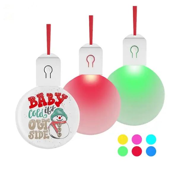 Sublimación luminosa de 7 colores Luz LED acrílica en blanco Adornos navideños Lámpara de luz nocturna Colgante de forma redonda Decoración del árbol de Navidad de Halloween con cinta roja