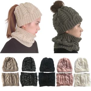 7 couleurs automne et hiver queue de cheval chapeau foulard ensemble couleur unie laine tricoté chapeau en plein air chaud chapeau décontracté pour les femmes