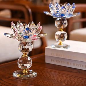 7 cores de vidro cristal flor lótus metal castiçais feng shui decoração para casa grande tealight suporte castiçal 240103