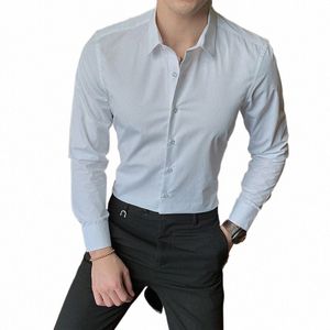 7 couleurs hommes Busin Fi couleur unie Lg manches chemise Style classique Cott décontracté blanc coupe ajustée chemise vêtements de bureau 829O #