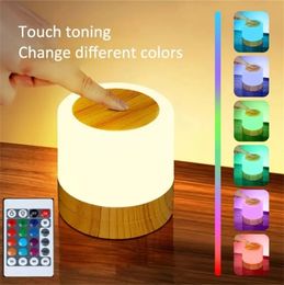 7 couleurs Night Light Dimmable LED Touch Capteur LAMPE DE Tableau de chevet en bois avec luminosité réglable Remote Contrôle 231221