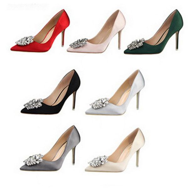 Zapatos de vestir de boda con diamantes de imitación de lujo, zapatos de tacón alto de 10cm de seda sexy a la moda, zapatos de banquete sin cordones con punta en pico para mujer 516-5