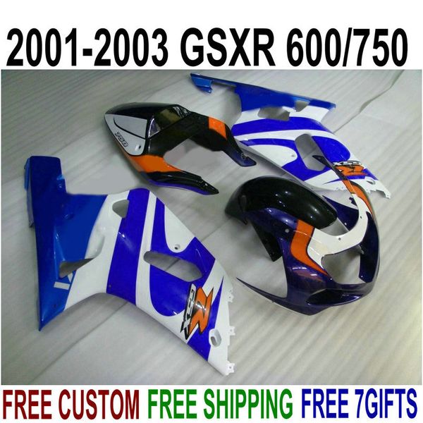 Ensemble de 7 carénages de cadeaux pour SUZUKI GSXR600 GSXR750 2001-2003 K1 01 02 03 Kit de carénage ABS blanc bleu noir GS95-R 600 750