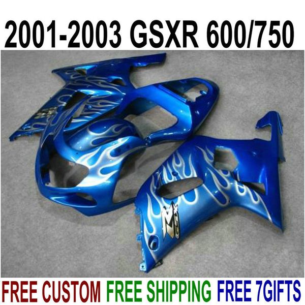 7 cadeaux + Nouveau kit de carénage ABS pour SUZUKI GSX-R600 GSX-R750 2001-2003 K1 GSXR 600 750 flammes blanches en carénages bleus 01-03 RA59