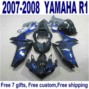 7 Geschenken Plastic Backings voor Yamaha YZF R1 2007 2008 Plastic Fairing Kit YZF-R1 07 08 Blue Flames in Black Motobike Set YQ45