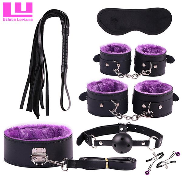 Jeu pour adultes 7 en 1, bondage sexy, retenue, menottes, bouchon buccal, fouet, collier, pince à tétons, jouets fantaisie sexy en cuir PU, produits de beauté SM