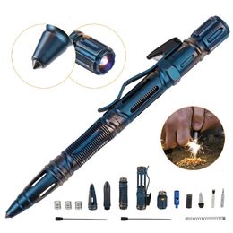 7-in-1 Outdoor EDC Multifunctionele zelfverdediging tactische pen met nood-led-lichtfluit Glasbreker Outdoor Survival 240123