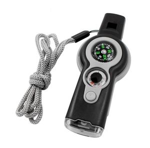 7 In 1 overlevingsfluiterij multifunctionele lanyard fluitjes met LED -lichten kompas thermometer vergrootglas opslag bin EDC gereedschap