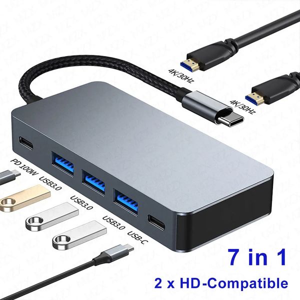 Répartiteur Hub USB Type C 7 en 1 vers USB3.0, extension HDTV 4K 30Hz PD100W, concentrateur de Station d'accueil