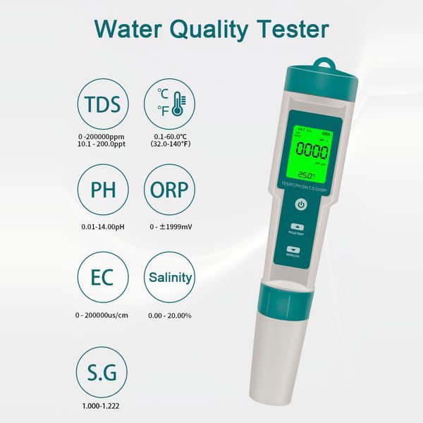 7 en 1 Testeur de qualité de l'eau Haute précision Test de qualité de l'eau Paulle de la qualité de l'eau PH / TDS / EC / SALINITY / ORP / S.G / TEMP MESURANT