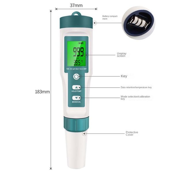 7 en 1 probador de calidad de agua Pen Ph/TDS/EC/Salinity/ORP/S.G/Medidor de temperatura Herramienta de medición de calidad del agua