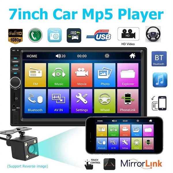 7 pulgadas 2 Din Bluetooth Car Video Mp5 Radio Player Mirror Link Control del volante Cámara de visión trasera Opcional338t