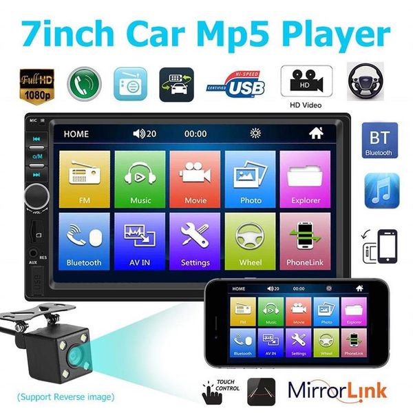 7 pouces 2 Din Bluetooth voiture vidéo Mp5 Radio lecteur miroir lien commande au volant caméra de recul en option3083