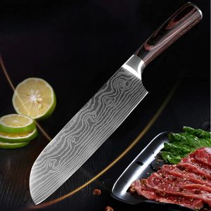 7 pouces couteau de chef Imitation acier damas tranchant couperet couteaux à sushi manche en bois coulant sable vague modèle cuisine couteaux à viande