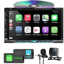 Estereo de automóvil DIN de 7 pulgadas con Carplay/Android Auto, radio de la pantalla táctil con reproductor de DVD, Bluetooth, cámara de respaldo, enlace de espejo, subwoofer, USB, entrada auxiliar