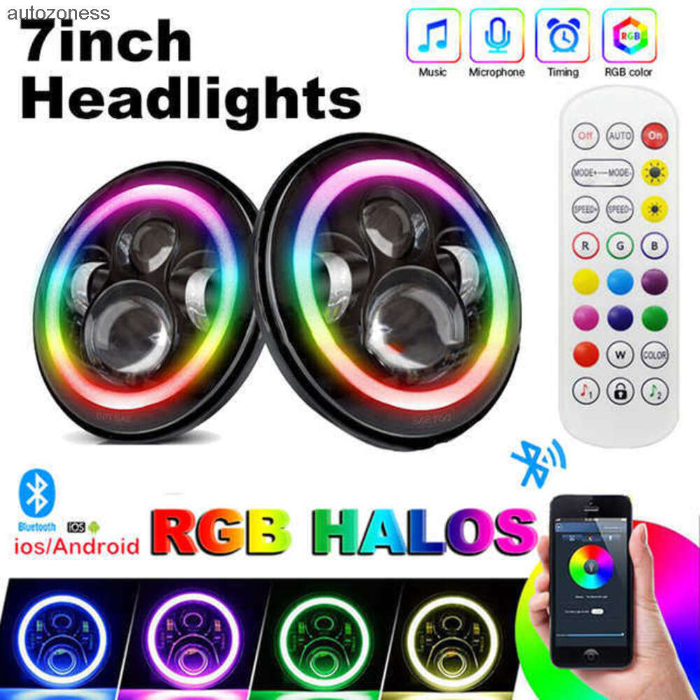 7 Inch LED Polishing Headlights For Wrangler Headlights Round RGB Angel Eye Bluetooth APP Off-Road Lights Modified Led Car Headlights