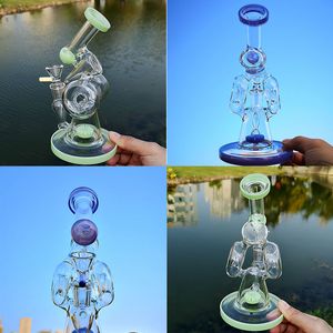 Petits narguilés de 7 pouces Double Recycler Bongs en verre Purpel Green Heady Water Pipes Slittesd Donut Perc Sidecar Oil Rig Bent Tube Donut Perc Dab Rigs