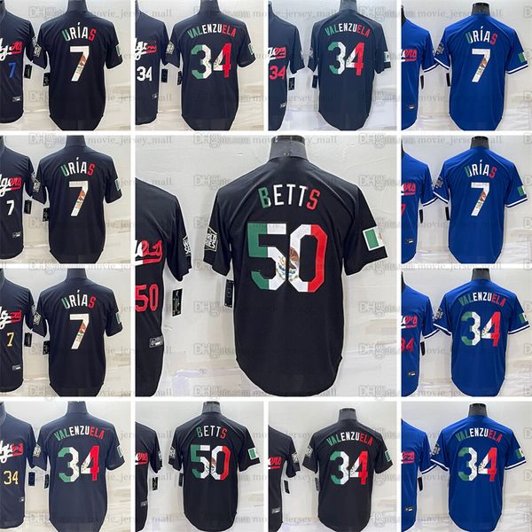 7 Julio Urias Nueva camiseta de béisbol 50 Mookie Betts 34 Fernando Valenzuela Dodgers City Azul Negro Jerseys cosidos en blanco