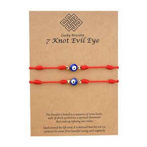 7 nudos azul mal de ojo pulsera tarjeta de papel pulsera ajustable Lucky Red String pulseras pareja joyería amistad pulsera 2Psc/Set