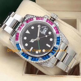 7 modèles de montres automatiques pour hommes avec boîte Mens Black Bial 40mm Diamond Ruby Seat Diamond Baguette Bezel Or Bracelet en acier inoxydable Asia 2813 Montres mécaniques