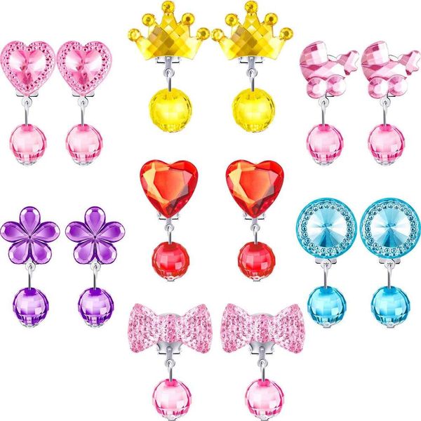 7 pares de aretes con clip para niñas, aretes de joyería de princesa de imitación y 7 pares de almohadillas para aretes en caja rosa