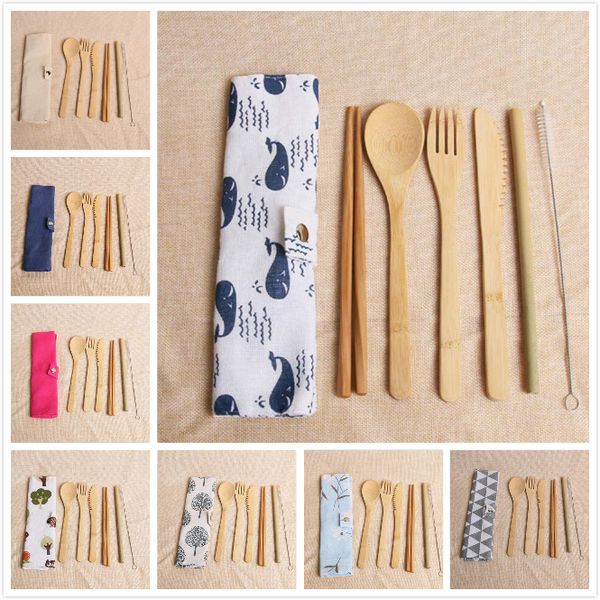 7 PC/SET ECODENTAL CUCHARLERO DE BAMBOO 20 estilos de vajilla portátiles de paja con cuchillos de bolsas de tela Spoon Chopsticks