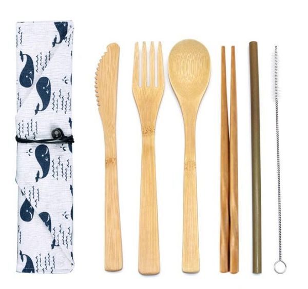 7 pezzi / set posate di posate di bambù ecologiche 20 set di stoviglie di paglia portatili in stile con borsa di stoffa coltelli forchetta cucchiaio bacchette RRE15328