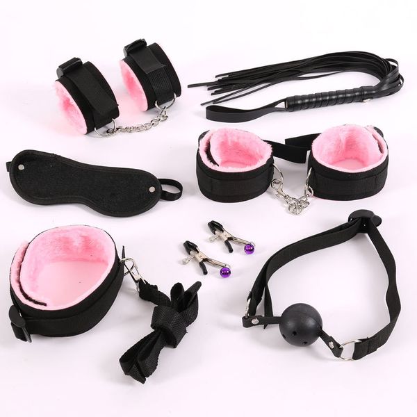 7 Pcs / Set Lingerie En Nylon Attachant Des Jouets Sexuels Érotiques Pour Adultes Mains De Sexe Pinces Fouet Bouche Gag Masque De Sexe Bdsm Bondage Set Costumes S19706