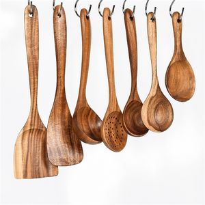 7 pièces ustensiles de cuisine ensemble teck en bois antiadhésif ustensiles de cuisine spatule pelle cuillère à soupe cuisine outils de cuisine ensembles 201223