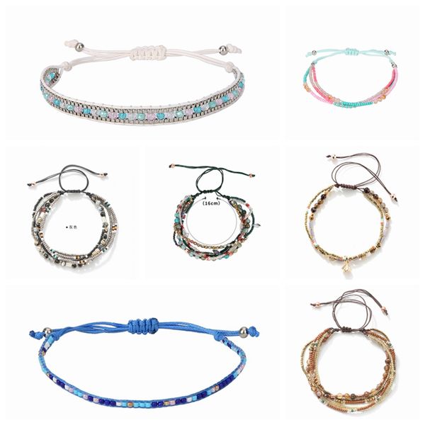 7 pièces multicouches Bracelet brins couleur Corde tissée en perles de rocaille Plage Élastique Charme Bohème empilable Fil enduit de cire réglable pour femme et homme