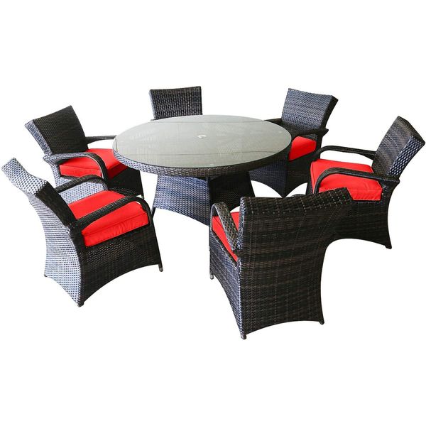 Juego de comedor al aire libre de 7 piezas, mesa de comedor de mimbre para patio y sillas con cojines, mesa superior redonda de vidrio templado con orificio para sombrilla, juegos de muebles de patio de ratán PE