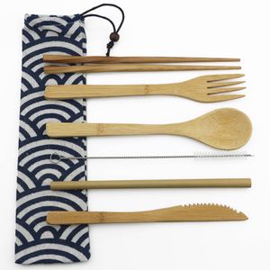 Ensemble de vaisselle 7 pièces ensemble de couverts en bambou écologique paille en bois avec pochette de voyage cuillère en bois fourchette couteau ensemble de vaisselle en gros