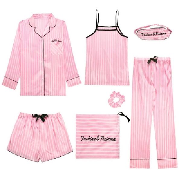 7 Pièces Femmes Pyjama Ensemble Dames Bedgown Rose Rayé Faux Soie Homewear Floral Imprimé Confort Doux Femme Vêtements De Nuit Bestie Cadeau 201113