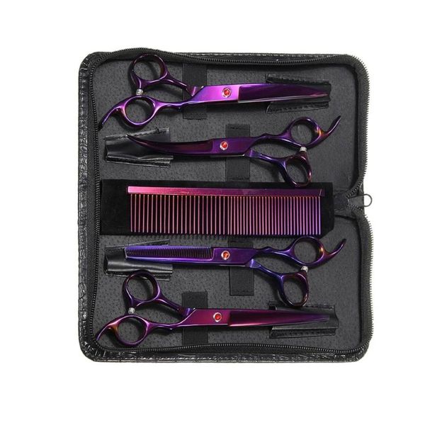 7 Purple Professional 6 uds tijeras de cuidado para mascotas Kit de tijeras de pelo de perro recortador curvo accesorios de belleza de peluquería para mascotas 2177