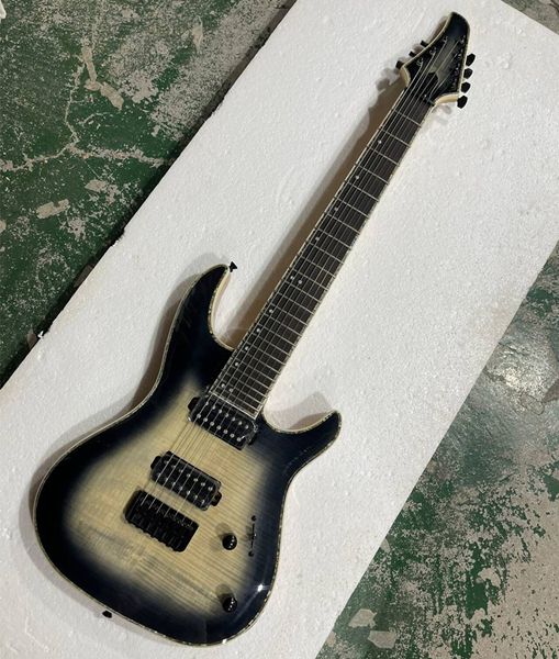 Guitare électrique noire à 7 cordes avec dessus en érable flammé, avec pont fixe, offre Logo/couleur personnalisée