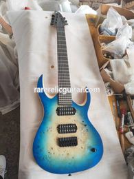 Mayon Duell de 7 cuerdas, guitarra eléctrica de 3 tonos con tapa de álamo Blue Burst Eye, mástil de wengué de 5 piezas, diapasón de ébano, 24 trastes extra jumbo, corte en la parte posterior del vientre, contorno del antebrazo delantero