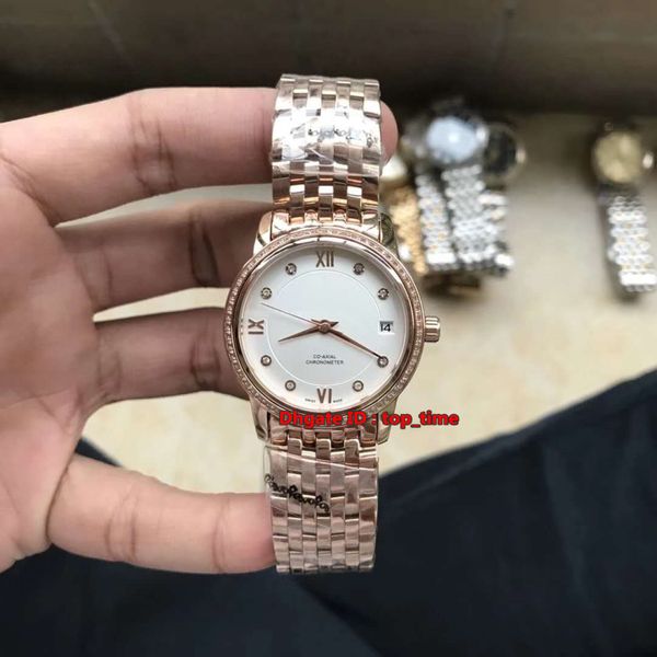 7 estilo Prestige 32MM Reloj automático para mujer 424.55.33.20.55.002 Bisel de diamantes Esfera blanca Pulsera de oro rosa de 18 quilates Relojes para mujer