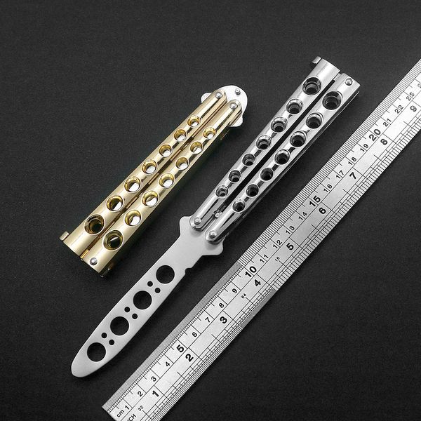 7 estilos balisong colorido resistente entrada mariposa práctica cuchillo 3Cr13 hoja material metal acero mango exterior bolsillo EDC herramienta sin hoja Regalos de vacaciones