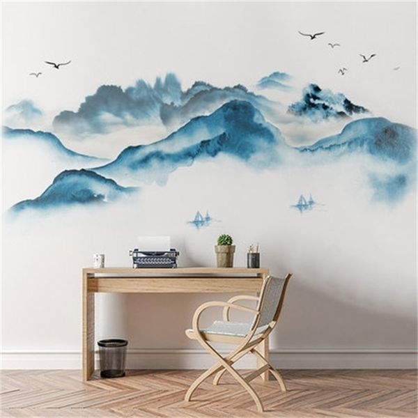 70x130cm style chinois lavage peinture vintage affiche vinyle mur autocollant paysage mural salon décor à la maison papier peint Y200103