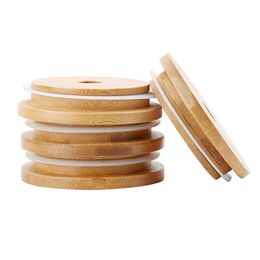 Tapas de tapa de bambú de 70/86MM, tapas de sellado de tapa de tarro de madera reutilizables con orificio de paja y sello de silicona