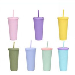 700 ml dubbele muur plastic beker solide snoep kleur vacuüm tumblers mok magere met deksel stro koffie water fles herbruikbare mok ljjp385